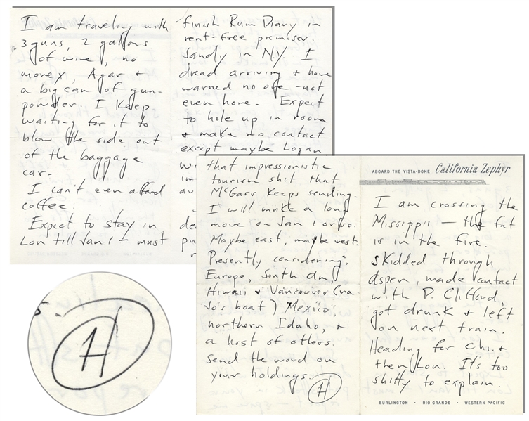 Hunter S. Thompson Autograph Letter Signed, Traveling Cross-Country -- ''...I am traveling with 3 guns, 2 gallons of wine, no money, Agar & a big can of gun-powder...must finish Rum Diary...''